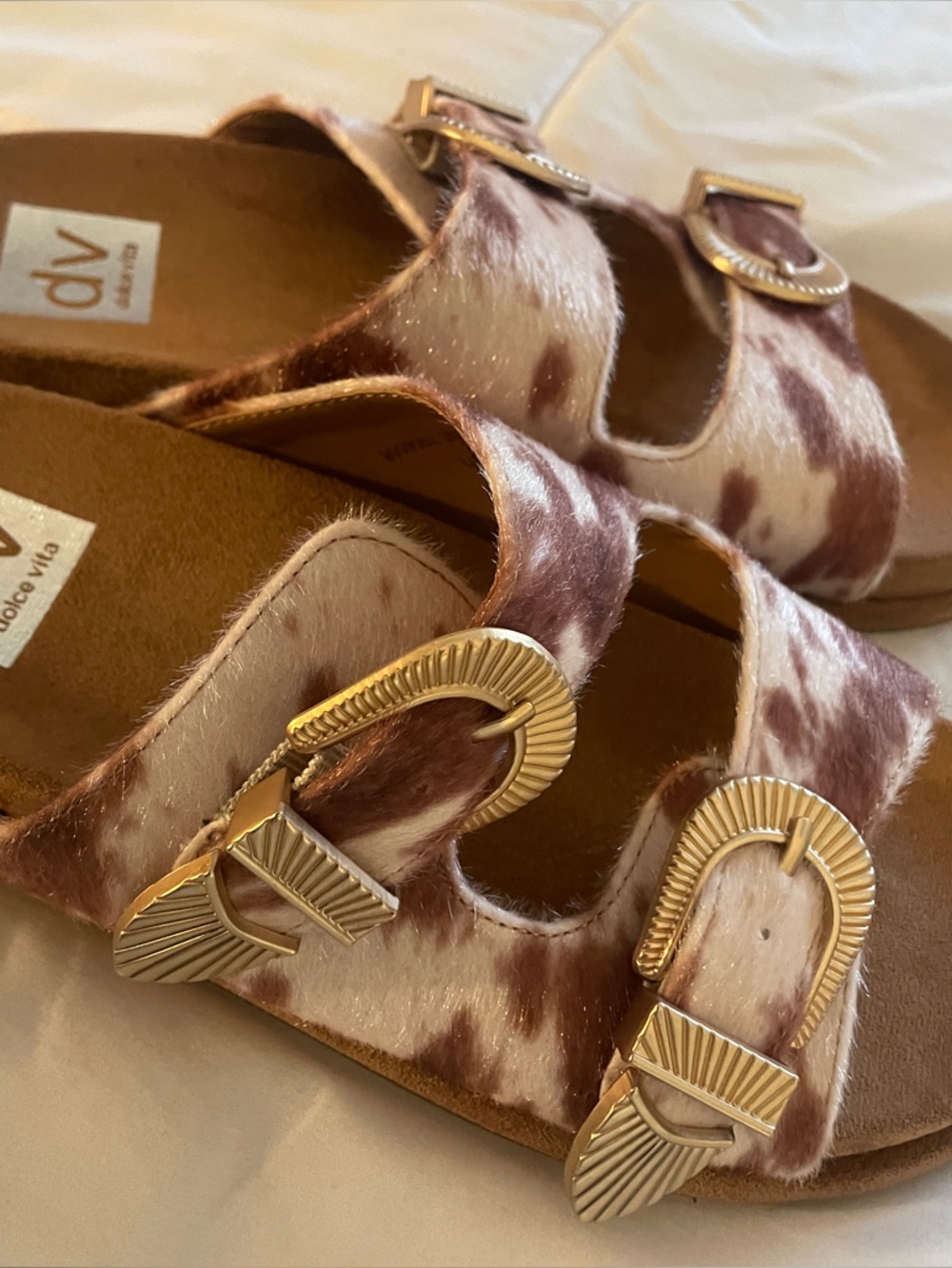 Dolce Vita Brown and White Cowhide Buckle Slide Sandals
